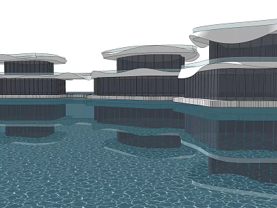 Modern Waterfront Architecture With Curved Roofs Glass Facades And Water Reflections 3d model