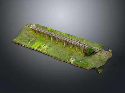 Detailed Railway Viaduct Model With Green Grass And Trees On Gray Background 3d model