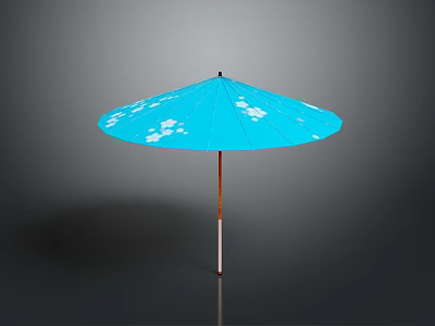 Outdoor Garden Furniture Blue Patio Umbrella With White Floral Pattern And Wooden Pole 3d model