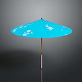 Outdoor Garden Furniture Blue Patio Umbrella With White Floral Pattern And Wooden Pole