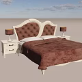 Double Bed With Tufted Brown Headboard Curved Wooden Frame White Nightstands Table Lamps Brown Bedspread