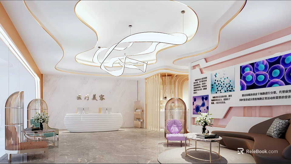 Elegant Beauty Salon Interior With Modern Chandelier Purple Chair Green Plants And Display Screens 3d model 