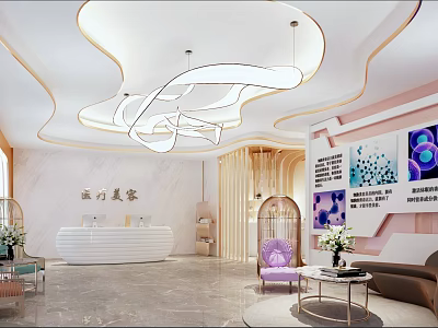 Elegant Beauty Salon Interior With Modern Chandelier Purple Chair Green Plants And Display Screens 3d model