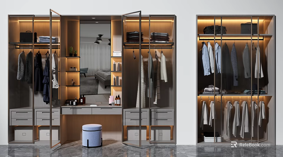 Modern Wardrobe Interior Design With Mirror Hanging Clothes Drawers And Lighting 3d model 