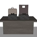 Gray Wooden Showcase Shelf Holding Brown Dark Gray Handbags and Stacked Gray Black Bow Items