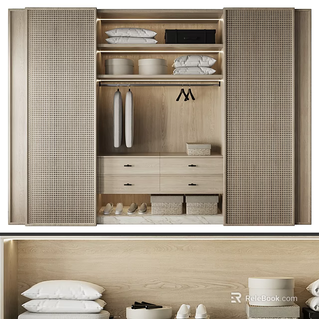 Modern Light Wooden Wardrobe Interior With Hanging Rods Drawers Storage Baskets And Shelves 3d model 