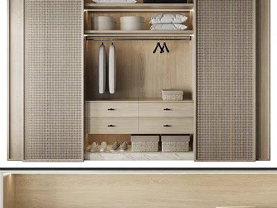Modern Light Wooden Wardrobe Interior With Hanging Rods Drawers Storage Baskets And Shelves 3d model