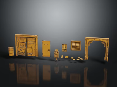 Miniature Wooden Model Components Including Cabinet Door Archway Vent Barrel And Figure On Black Surface 3d model