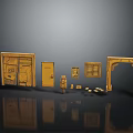 Miniature Wooden Model Components Including Cabinet Door Archway Vent Barrel And Figure On Black Surface