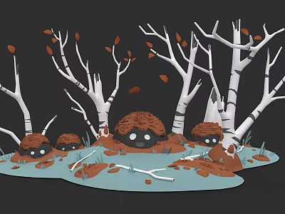 Rustic Wood Stone Forest Scene With White Trunks Brown Cabins Blue Water And Fallen Leaves 3d model