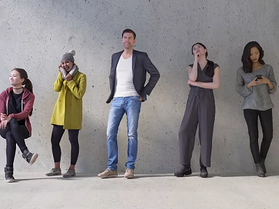 Group of People Standing Against Gray Concrete Wall With Light Floor And Various Casual Poses 3d model