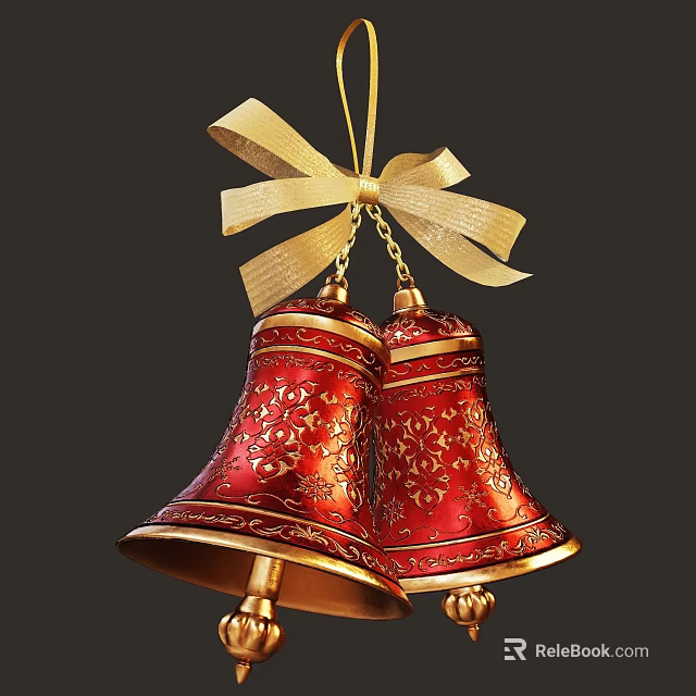Two Elegant Red Doorbells Featuring Intricate Gold Patterns and Top Gold Ribbon Bow Accent 3d model 