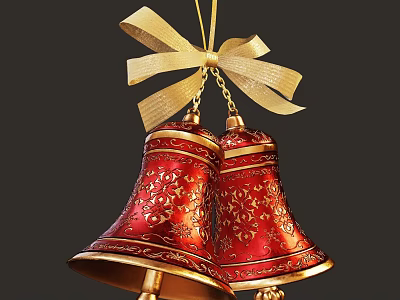 Two Elegant Red Doorbells Featuring Intricate Gold Patterns and Top Gold Ribbon Bow Accent 3d model