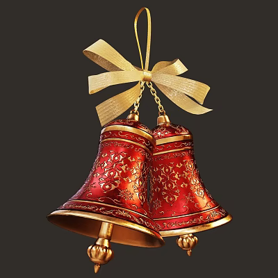 Two Elegant Red Doorbells Featuring Intricate Gold Patterns and Top Gold Ribbon Bow Accent 3d model