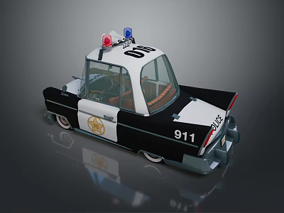 Cartoon Police Car Model With Red Blue Lights Black White Body Badge And 911 Number 3d model