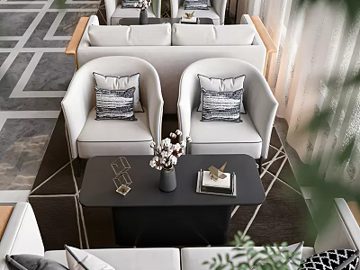 Modern Light Colored Two Seater Sofa Interior With Accent Chairs And Coffee Table 3d model