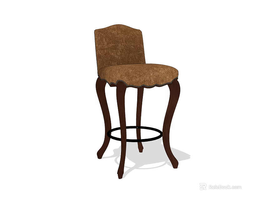 Classic Brown Upholstered Bar Stool With Wooden Legs And Metal Footrest 3d model 