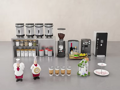 Commercial Kitchen Equipment Featuring Coffee Machines Storage Jars Chef Figurines And Beverage Cups 3d model