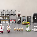 Commercial Kitchen Equipment Featuring Coffee Machines Storage Jars Chef Figurines And Beverage Cups