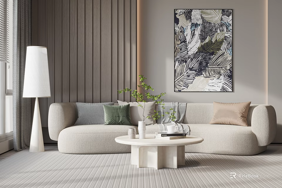 Beige Sofa With Throw Pillows And White Round Coffee Table With Gray Striped Wall Art 3d model 