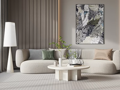 Beige Sofa With Throw Pillows And White Round Coffee Table With Gray Striped Wall Art 3d model
