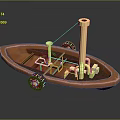 Playful Cartoon Scene With Cute Steamboat Brown Hull Golden Machinery And Small Wheels
