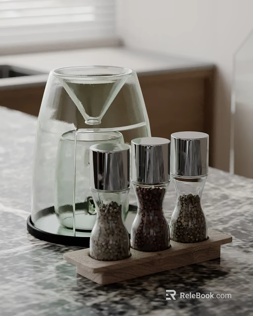Decorative Ornament Set With Transparent Glass Container And Three Silver Lid Bottles On Wooden Tray 3d model 