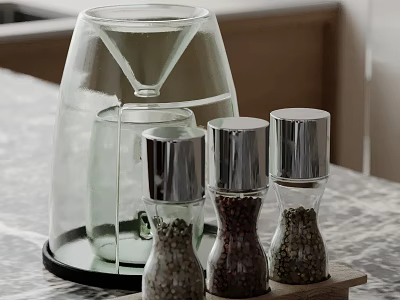 Decorative Ornament Set With Transparent Glass Container And Three Silver Lid Bottles On Wooden Tray 3d model
