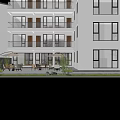 Modern Homestay Building With Multi Storey Wooden Glass Facade And Trees Green Shrubs