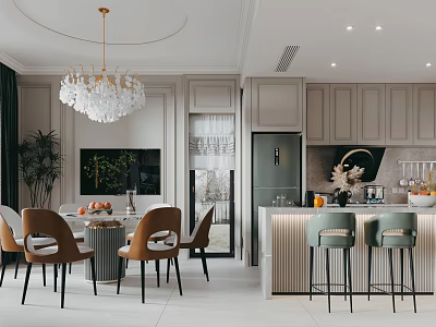 Elegant Luxury Restaurant Interior Design With Crystal Chandelier Dining Table Chairs And Bar Stools 3d model