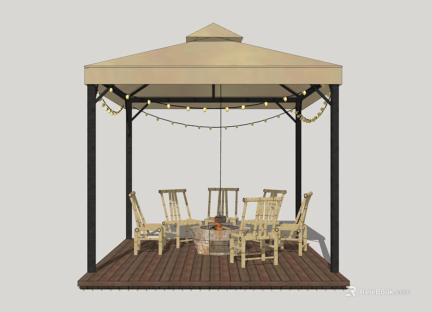 Outdoor Garden Gazebo With Wooden Deck Chairs Table And String Lights Decorative Setup 3d model 