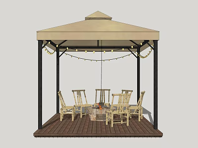 Outdoor Garden Gazebo With Wooden Deck Chairs Table And String Lights Decorative Setup 3d model