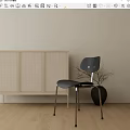 Stylish Dining Chair With Woven Panel Cabinet And Black Vase On Wooden Floor