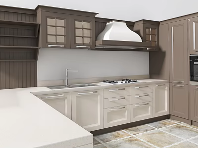 Modern Kitchen Interior Featuring Brown And Beige Cabinets With Island Counter Stove And Range Hood 3d model