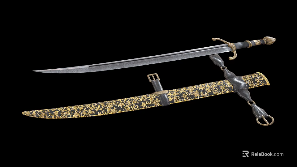 Antique Sword With Intricate Gold Patterned Scabbard And Ornate Metal Hilt Design 3d model 