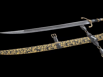 Antique Sword With Intricate Gold Patterned Scabbard And Ornate Metal Hilt Design 3d model