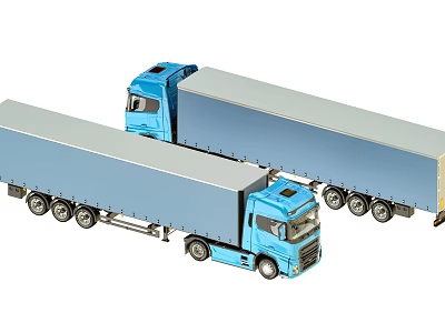 Two Blue Functional Freight Trucks With Long Cargo Trailers And Cab Design 3d model