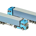 Two Blue Functional Freight Trucks With Long Cargo Trailers And Cab Design
