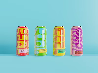Colorful PUR Canned Beverages with Various Fruit Flavors in Red Green Yellow Pink Cans 3d model