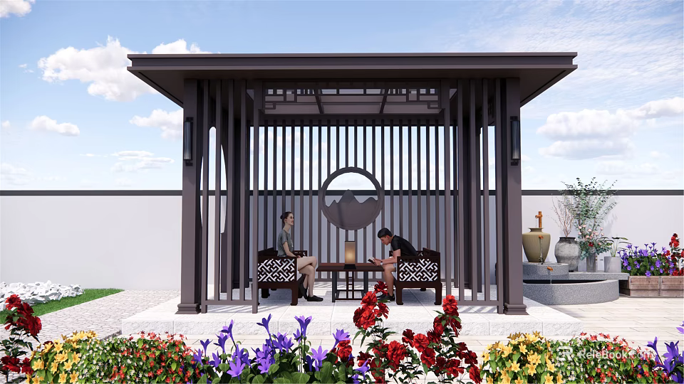 Chinese Style Pavilion With Lattice And Circular Decoration Two People Sitting Among Colorful Flowers 3d model 