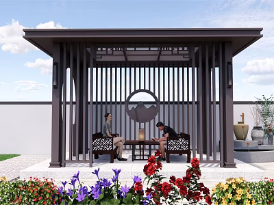 Chinese Style Pavilion With Lattice And Circular Decoration Two People Sitting Among Colorful Flowers 3d model