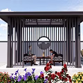 Chinese Style Pavilion With Lattice And Circular Decoration Two People Sitting Among Colorful Flowers
