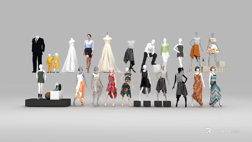 Fashion Models Showcasing Various Clothing Styles With Dresses Suits And Outfits 3d model 