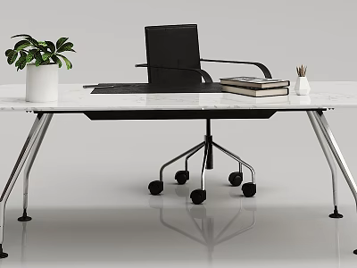 Modern Office Desk With Potted Plant Stack Of Books Pencil Holder And Black Chair 3d model
