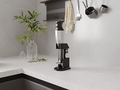 Modern Kitchen Countertop With Black Blender Green Plant And Hanging Utensils 3d model