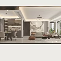 Modern Living and Dining Room Interior With Sofa Coffee Table Dining Chairs And Wall Art