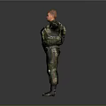 Military Figure In Camouflage Uniform With Arms Outstretched And Tactical Gear On Gray Background