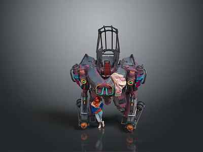 Futuristic Game Cinematic Female Character With Blue Outfit And Giant Mech Suit 3d model