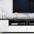 Modern TV Stand With Gold Metal Frame Marble Wall Background And Flower Vase