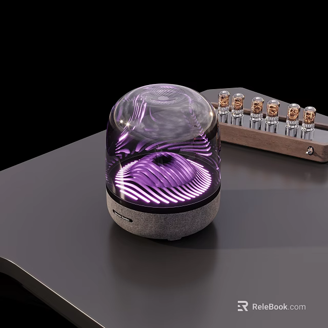 Modern Speaker With Transparent Globe Design Purple Light Waves Wooden Base And Vacuum Tubes 3d model 